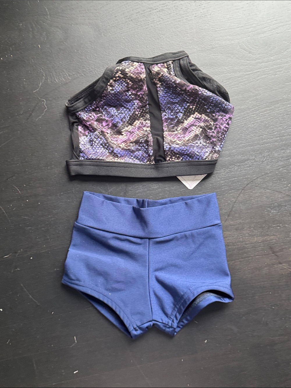 Purple Black Snake-Print Sports Bra with Navy Dance Shorts